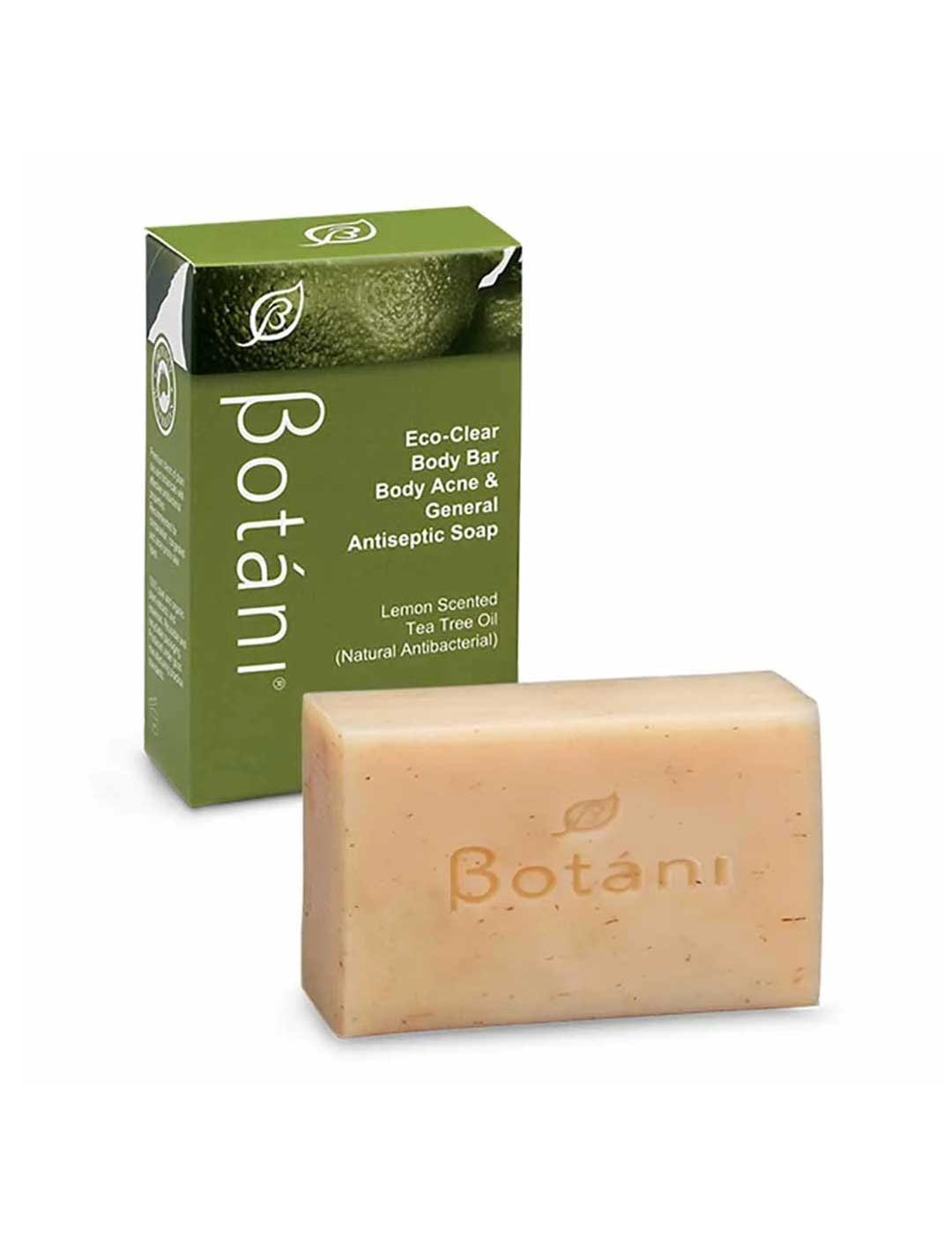 A bar of Botani lemon-scented body and general antiseptic soap in a light peach-beige color, shown in front of its green packaging box on a white background.