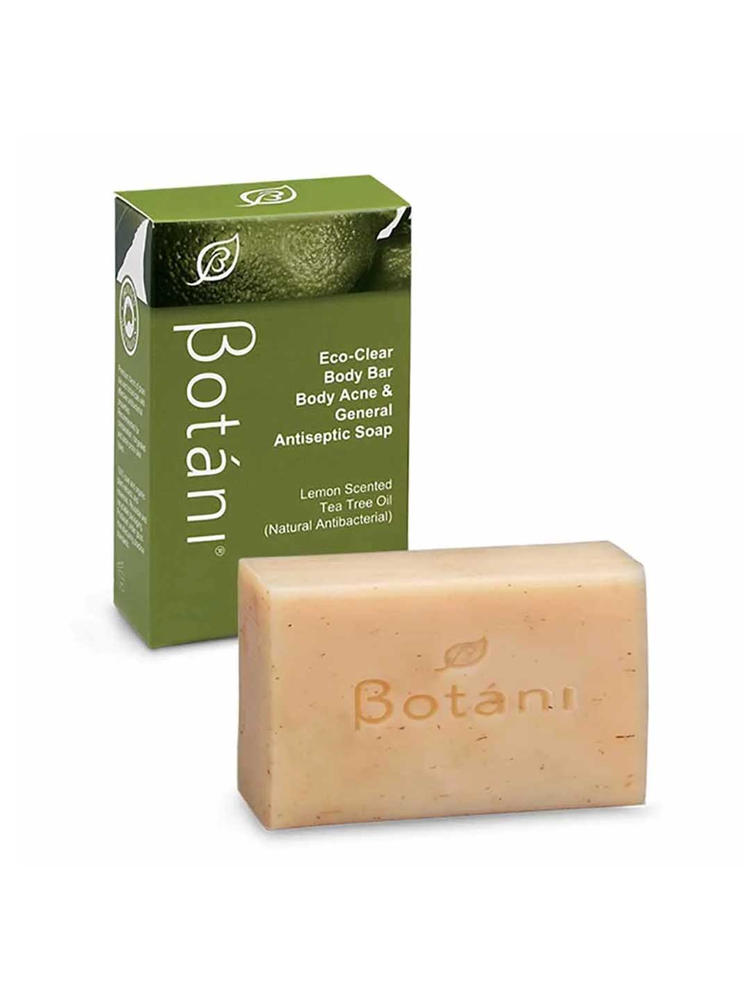 A bar of Botani lemon-scented body and general antiseptic soap in a light peach-beige color, shown in front of its green packaging box on a white background.
