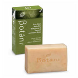A bar of Botani lemon-scented body and general antiseptic soap in a light peach-beige color, shown in front of its green packaging box on a white background.