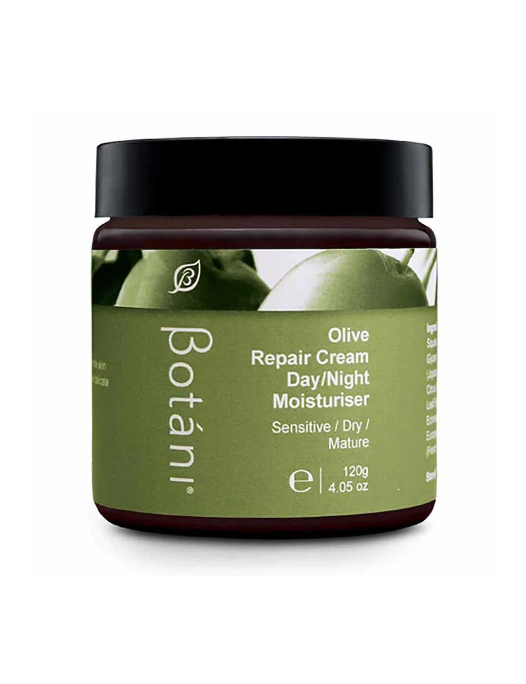 A jar of Botâni Olive Repair Cream Day/Night Moisturiser, featuring a dark olive green label with an image of green olives, a black lid, and a dark brown glass jar, set against a plain white background.