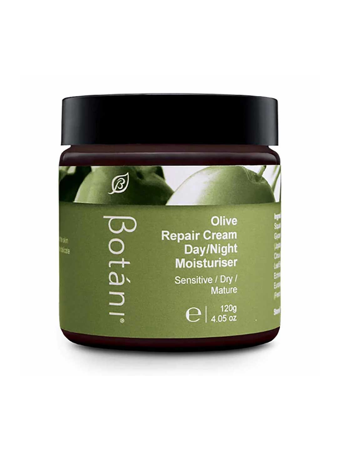 A jar of Botâni Olive Repair Cream Day/Night Moisturiser, featuring a dark olive green label with an image of green olives, a black lid, and a dark brown glass jar, set against a plain white background.