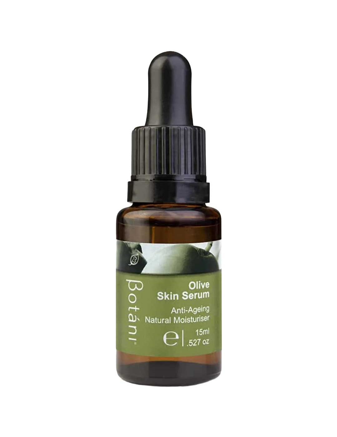 A small amber glass dropper bottle of Botan1 Olive Skin Serum with a black dropper cap and a green label, shown on a plain white background.