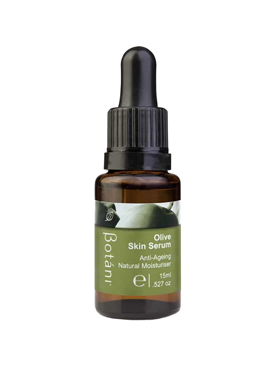 A small amber glass dropper bottle of Botan1 Olive Skin Serum with a black dropper cap and a green label, shown on a plain white background.