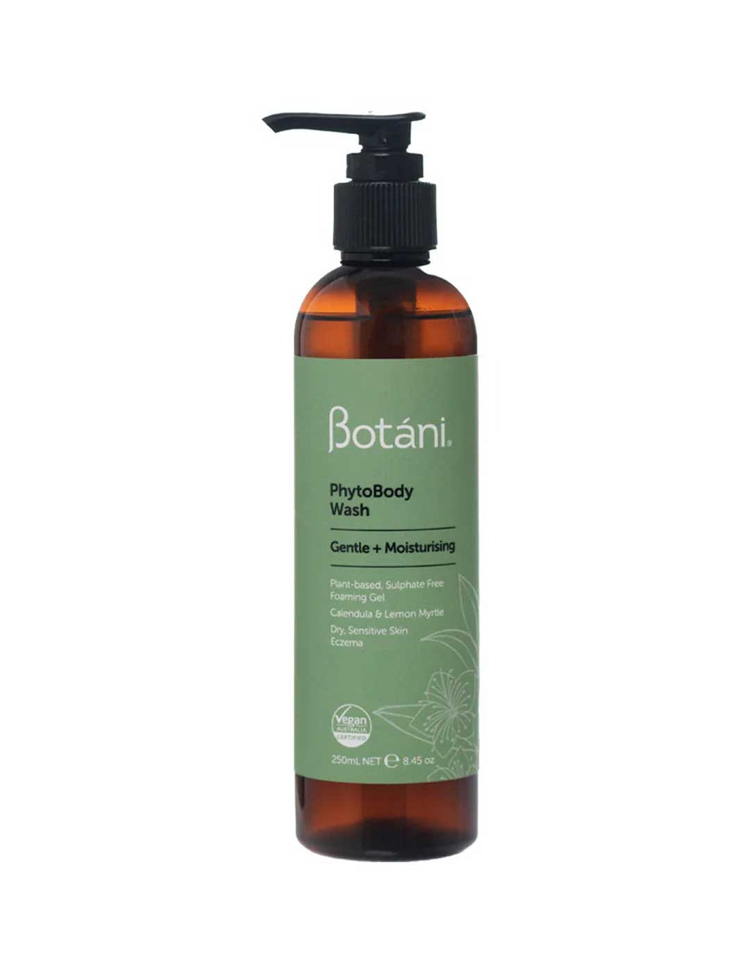 A 300ml amber glass pump bottle of Botâni PhytoBody Wash, featuring a light green label and a black pump dispenser, set against a plain white background.