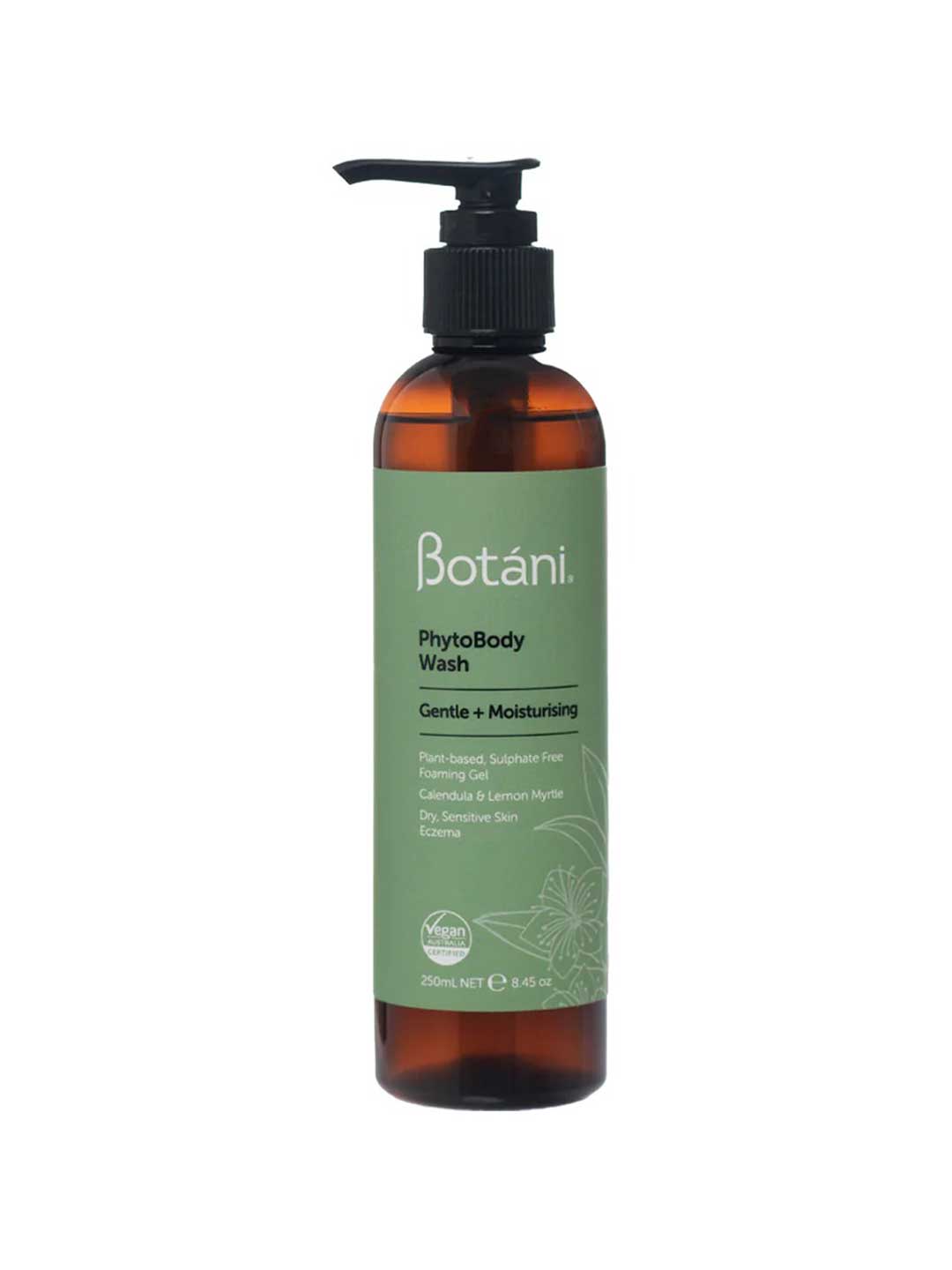 A 300ml amber glass pump bottle of Botâni PhytoBody Wash, featuring a light green label and a black pump dispenser, set against a plain white background.
