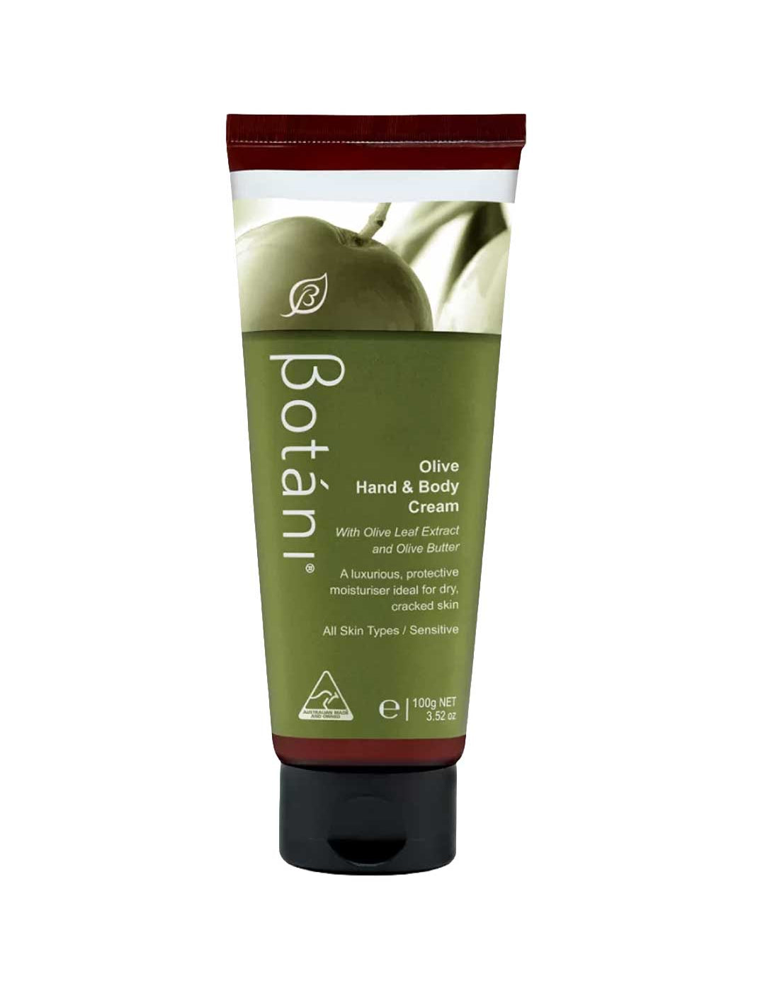 Botanië Olive Hand & Body Cream in a squeeze tube with a dark green label, olive branch graphic, and a black cap, shown on a plain white background.