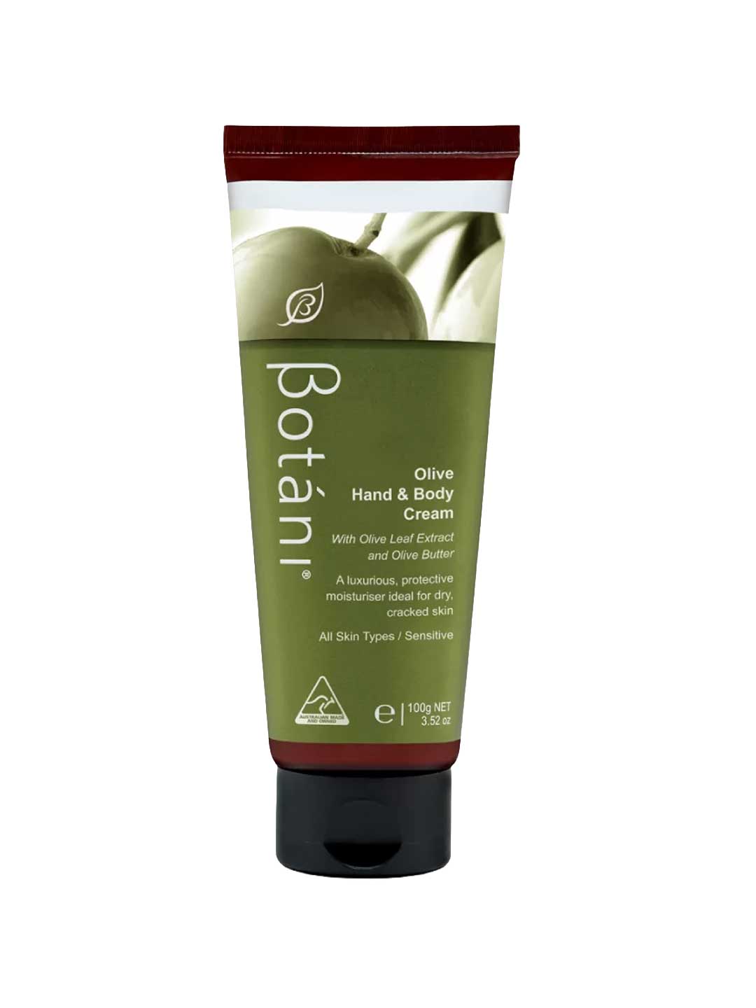 Botanië Olive Hand & Body Cream in a squeeze tube with a dark green label, olive branch graphic, and a black cap, shown on a plain white background.
