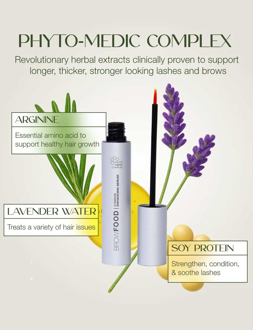 Browfood Phyto-Medic Eyebrow Enhancing Serum 5ml is an organic serum, with text and images, designed to support natural brow growth.