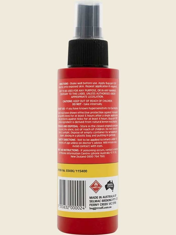 Bug-Grrr Off 100% Natural Insect Repellent Jungle Strength Spray is a red bottle with a black nozzle and detailed info on the back label. It uses Oil of Lemon Eucalyptus for powerful, natural mosquito protection.