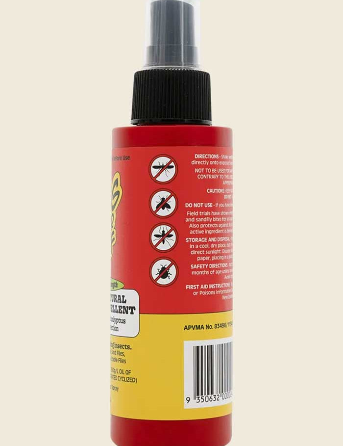 Bug-Grrr Off 100% Natural Insect Repellent Jungle Strength Spray comes in a red bottle with a black cap, back label warning icons and instructions, plus images of mosquitoes, flies, and ticks it effectively repels.