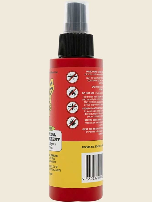 Bug-Grrr Off 100% Natural Insect Repellent Jungle Strength Spray comes in a red bottle with a black cap, back label warning icons and instructions, plus images of mosquitoes, flies, and ticks it effectively repels.