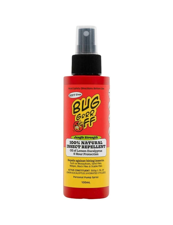 A 100ml red spray bottle of Bug-Grrr Off 100% Natural Insect Repellent Jungle Strength Spray with Oil of Lemon Eucalyptus provides mosquito protection and up to 6 hours defense against biting insects.