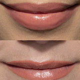 Before-and-after lip comparison wearing the Butterchew shade of 100% Pure Lip Caramel.