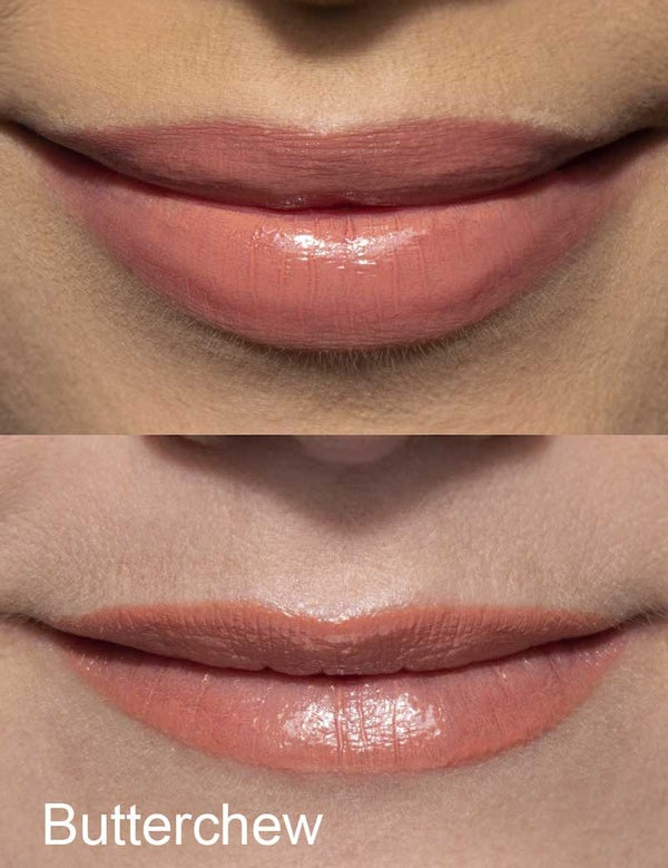 Before-and-after lip comparison wearing the Butterchew shade of 100% Pure Lip Caramel.