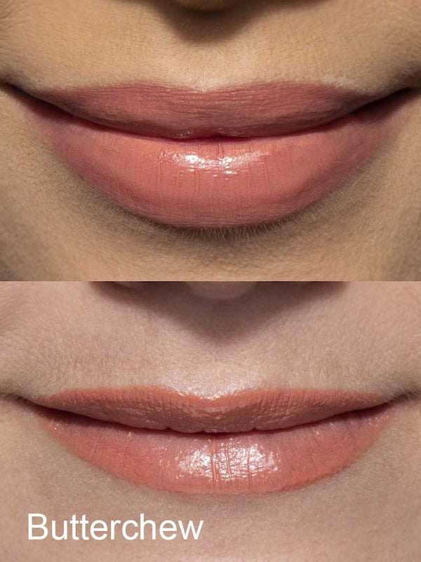 Before-and-after lip comparison wearing the Butterchew shade of 100% Pure Lip Caramel.