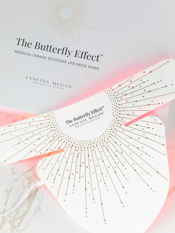 Model wearing the Vanessa Megan Butterfly Effect LED Neck Mask