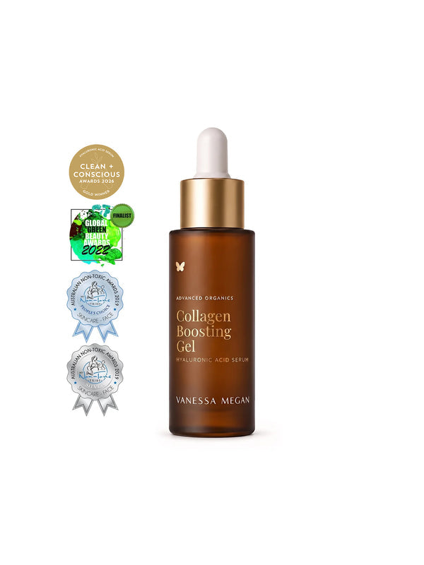 Vanessa Megan Collagen Boosting Gel Serum with its award badges