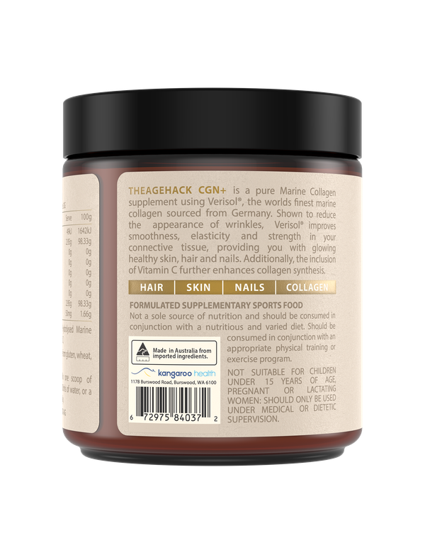 Back and side of The Age Hack CGN+ jar, with product-description text, a barcode, an Australian-made symbol and warning text on the cream label beneath the black lid.