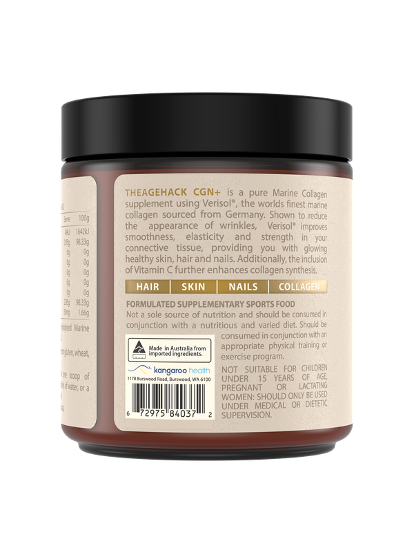 Back and side of The Age Hack CGN+ jar, with product-description text, a barcode, an Australian-made symbol and warning text on the cream label beneath the black lid.