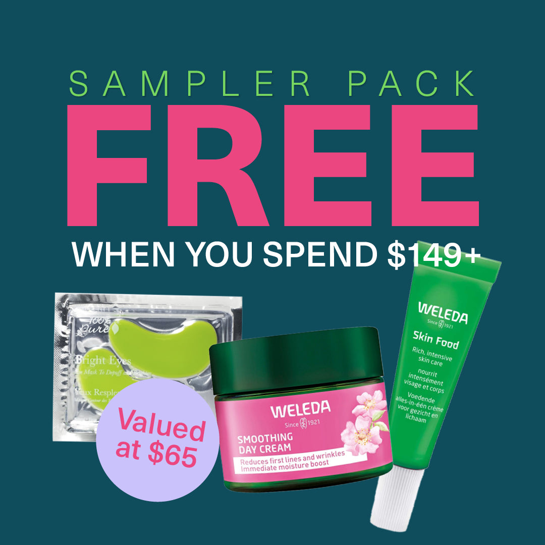 Promotional image: Get a FREE Sample Box (auto-added) when you spend $149+. Includes deluxe samples like a green eye mask, Weleda Smoothing Day Cream, and Skin Food. Valued at $65.