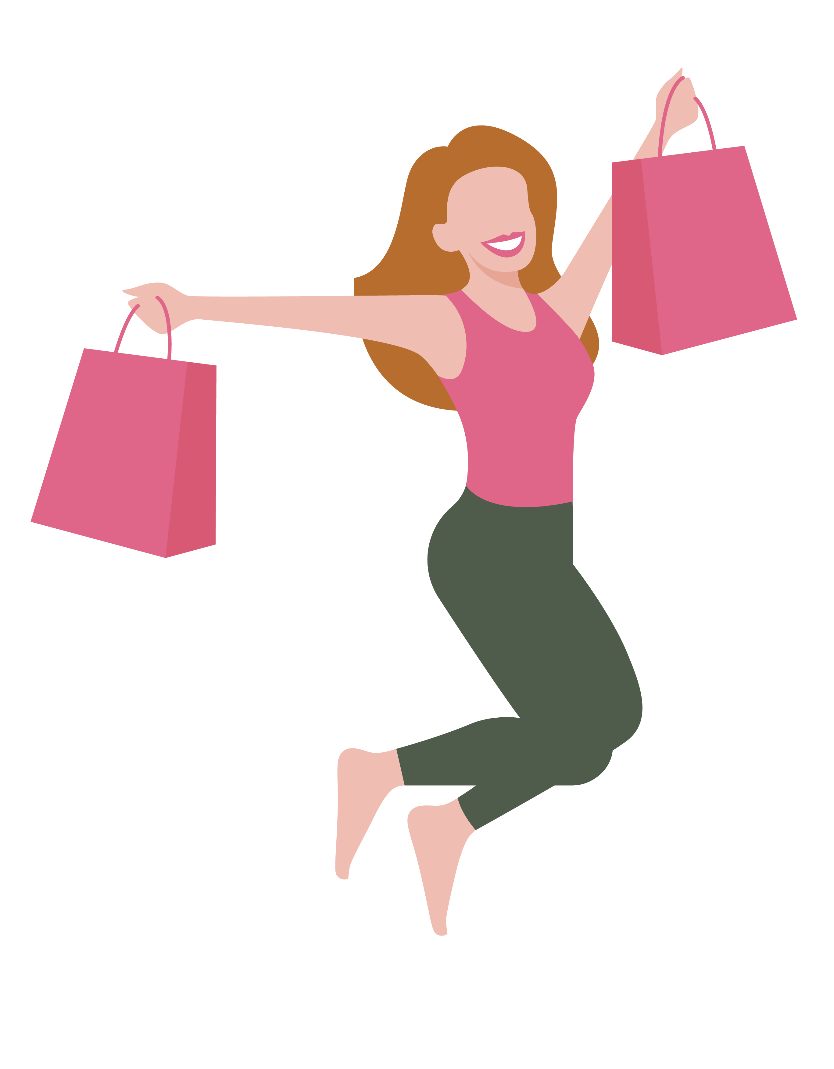 Illustration of a smiling woman with long brown hair, dressed in a pink top and dark green pants, jumping joyfully while holding two pink shopping bags, one in each hand.
