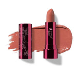 The 100% Pure Pomegranate Oil Moisturising Lipstick 4.5g in Calendula is a coral pink nude shade, shown with its shiny pink tube next to a swatch. Text reads: Calendula (A coral pink nude).