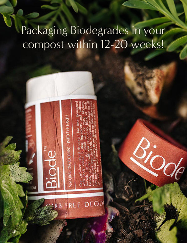 Terracotta Biode Into the Earth deodorant tube and detached cap among leaves and compost. Text states that the packaging biodegrades in compost within 12–20 weeks.