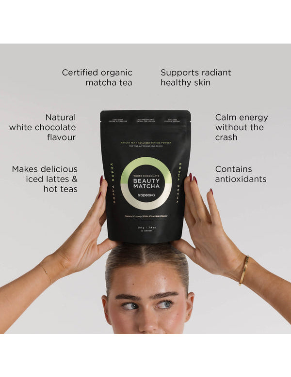 Key benefits panel for Tropeaka White Chocolate Beauty Matcha