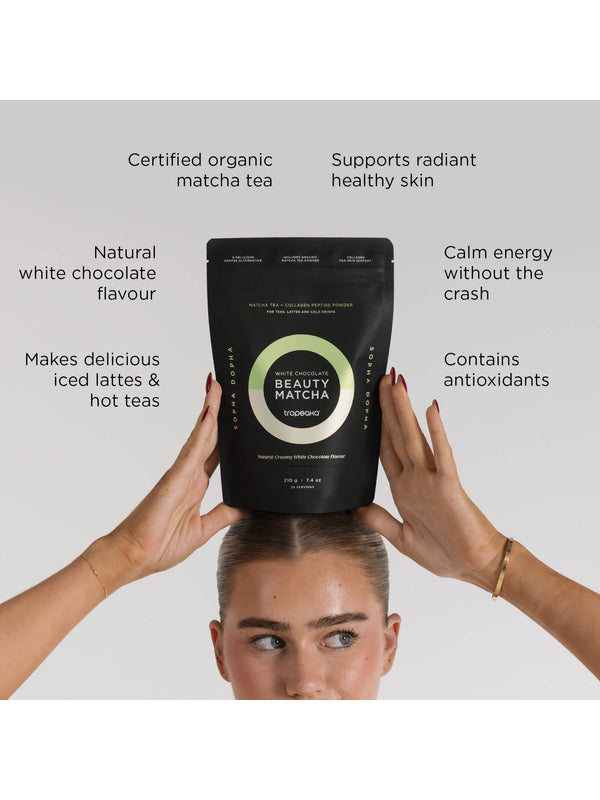 Key benefits panel for Tropeaka White Chocolate Beauty Matcha