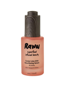 A 30ml bottle of Raww Caviar Lime AHA Resurfacing serum with a black cap, ideal for exfoliating and brightening uneven skin tone.