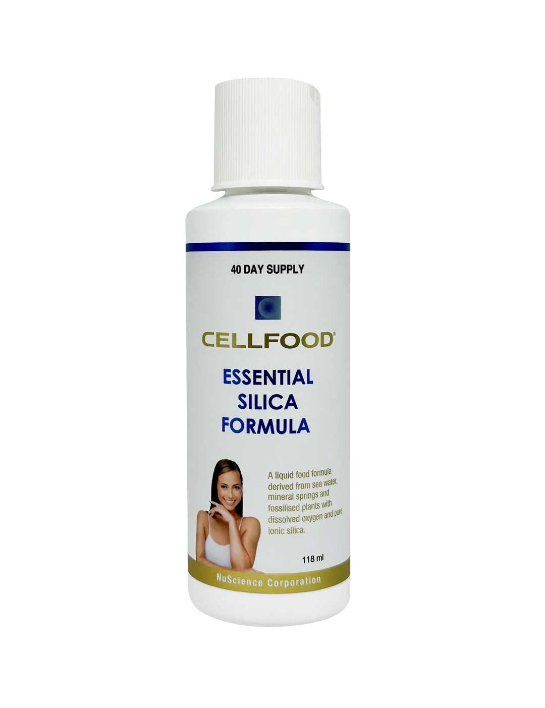 Bottle of Cellfood Essential Silica Formula on a white background