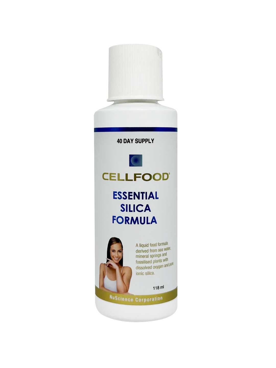 Bottle of Cellfood Essential Silica Formula on a white background