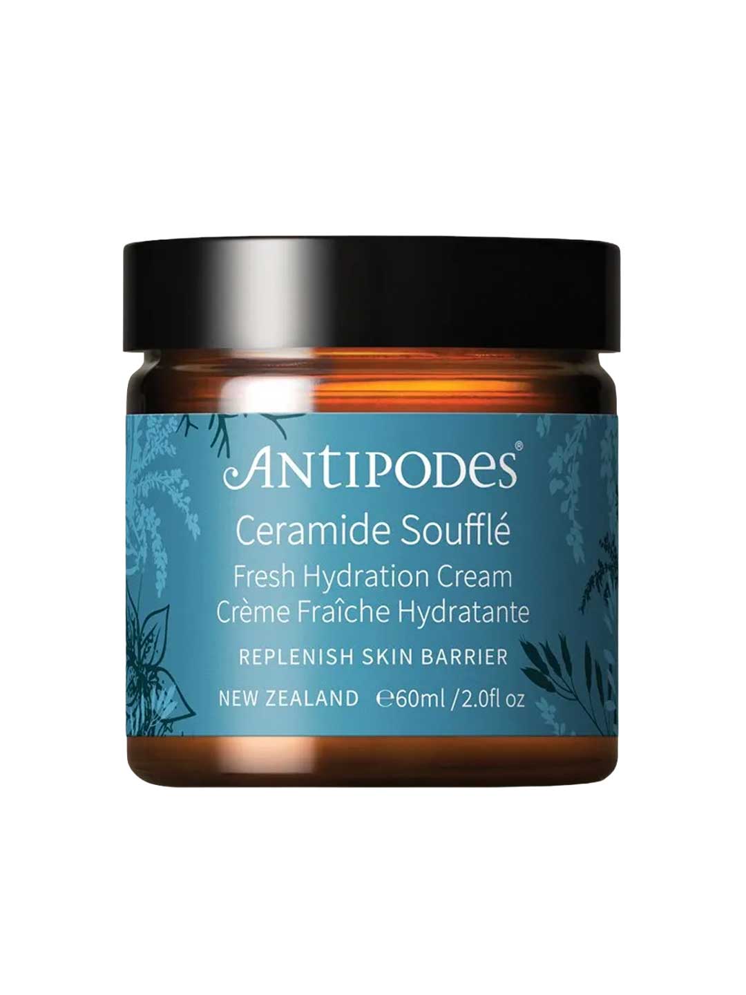 A jar of Antipodes Ceramide Soufflé Fresh Hydration Cream, featuring an amber glass jar with a black lid and a blue label with white text.