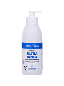 A white 500ml bottle of MooGoo Ultra Gentle Cleanser with Ceramides, featuring a pump and blue-white label, designed for sensitive and eczema-prone skin.