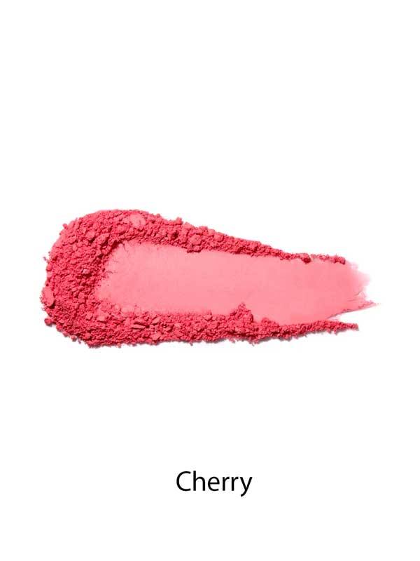 A swatch of bright pink 100% Pure Rice Powder Pressed Blush 9g, textured and smeared on a white background for a natural flush, is labeled Cherry below the image.