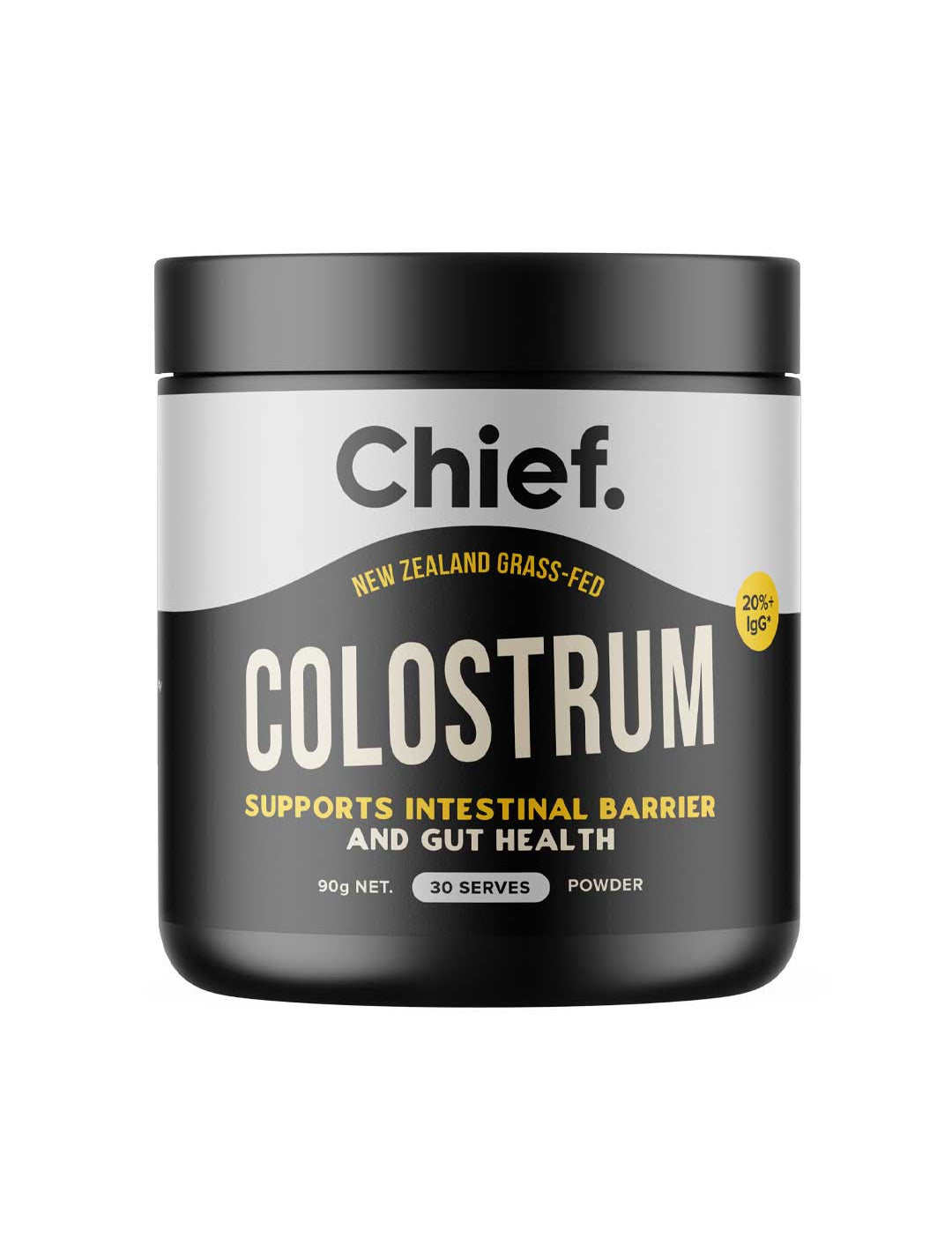A black plastic tub of Chief Colostrum powder with a black and silver label, shown on a plain white background.