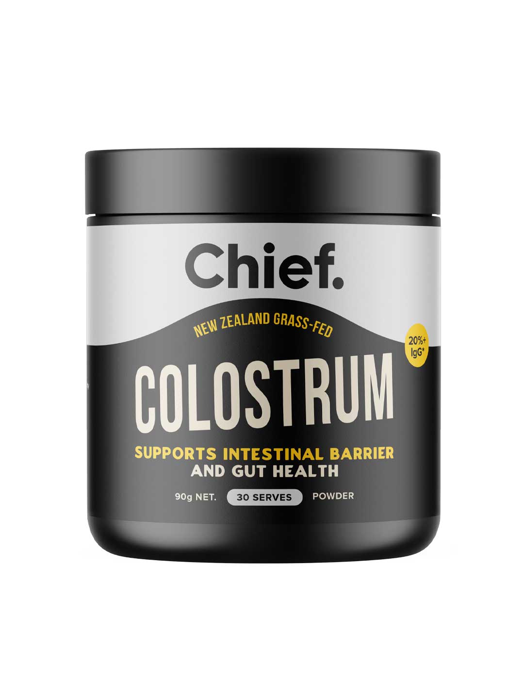 A black plastic tub of Chief Colostrum powder with a black and silver label, shown on a plain white background.
