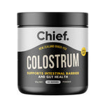 A black plastic tub of Chief Colostrum powder with a black and silver label, shown on a plain white background.