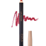 INIKA Organic Lip Crayons 6.7g shown with gold "LIP CRAYON" and "INIKA ORGANIC" text, a color swatch, and its cap. Shade Chilli Red is labeled—ideal as a vegan lipstick for bold, vibrant lips.