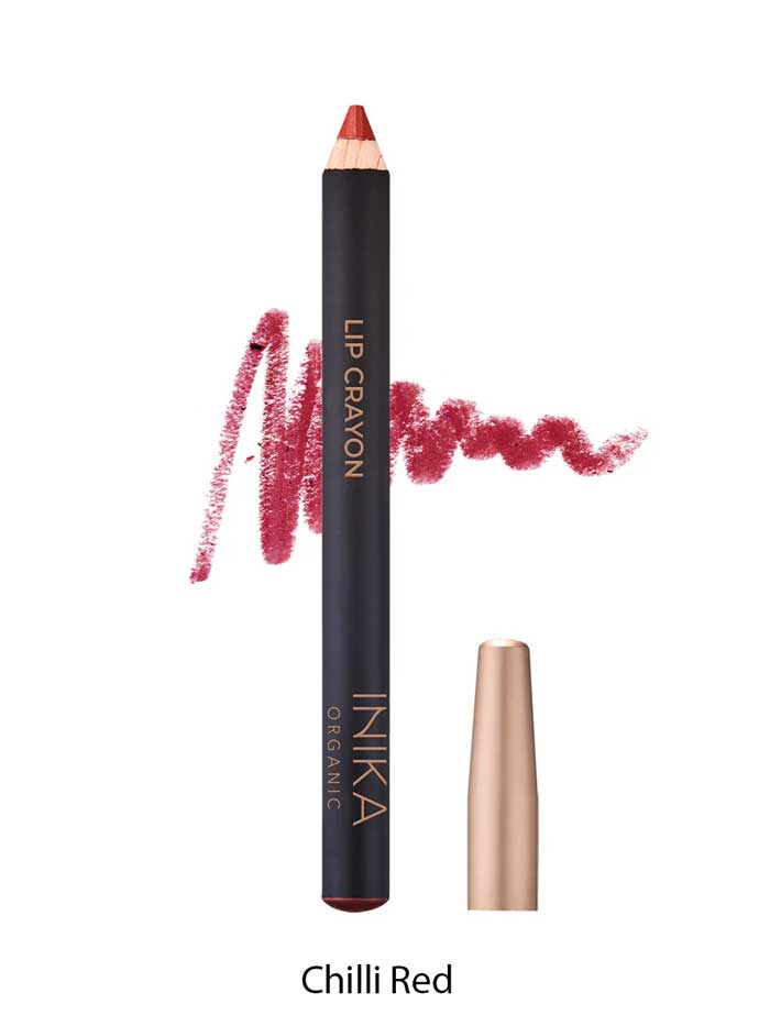 INIKA Organic Lip Crayons 6.7g shown with gold "LIP CRAYON" and "INIKA ORGANIC" text, a color swatch, and its cap. Shade Chilli Red is labeled—ideal as a vegan lipstick for bold, vibrant lips.
