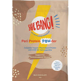 A beige pouch labeled She BANG! Peri Protein POWder with KSM-66® Ashwagandha, featuring a yellow lightning bolt. This plant-based milk chocolate protein powder offers perimenopause support for women. 420g pack.