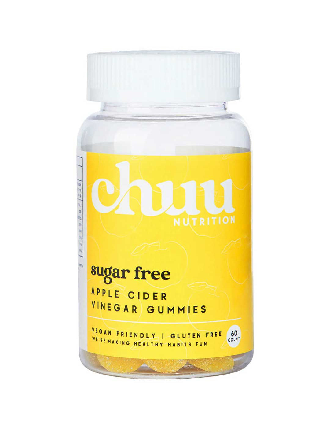 Chuu Nutrition Apple Cider Vinegar Gummies 60pcs come in a clear plastic bottle with a white lid; they’re sugar-free, vegan, gluten free, support digestion, and each bottle contains 60 gummies.