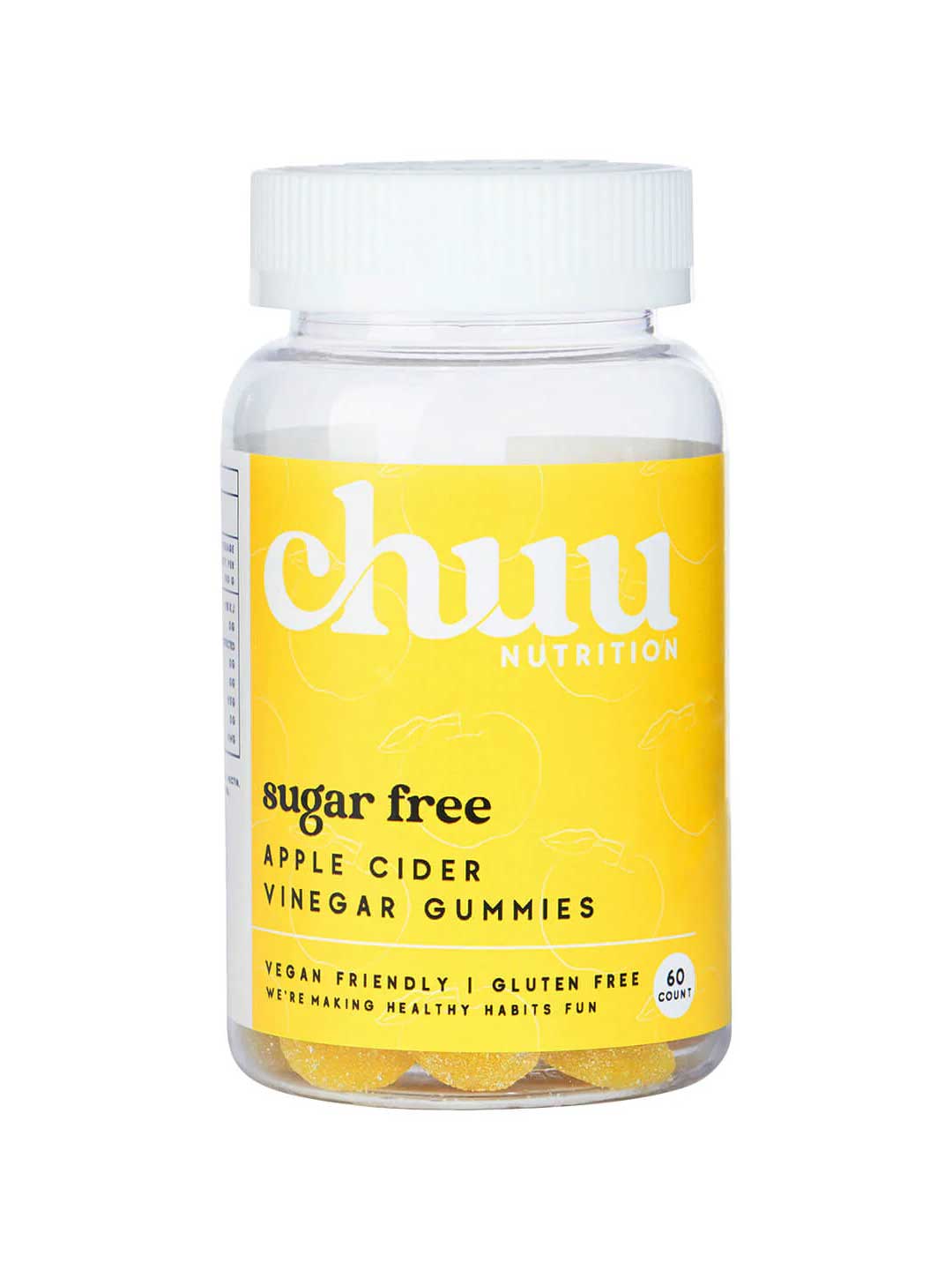 Chuu Nutrition Apple Cider Vinegar Gummies 60pcs come in a clear plastic bottle with a white lid; they’re sugar-free, vegan, gluten free, support digestion, and each bottle contains 60 gummies.