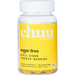 Chuu Nutrition Apple Cider Vinegar Gummies 60pcs come in a clear plastic bottle with a white lid; they’re sugar-free, vegan, gluten free, support digestion, and each bottle contains 60 gummies.