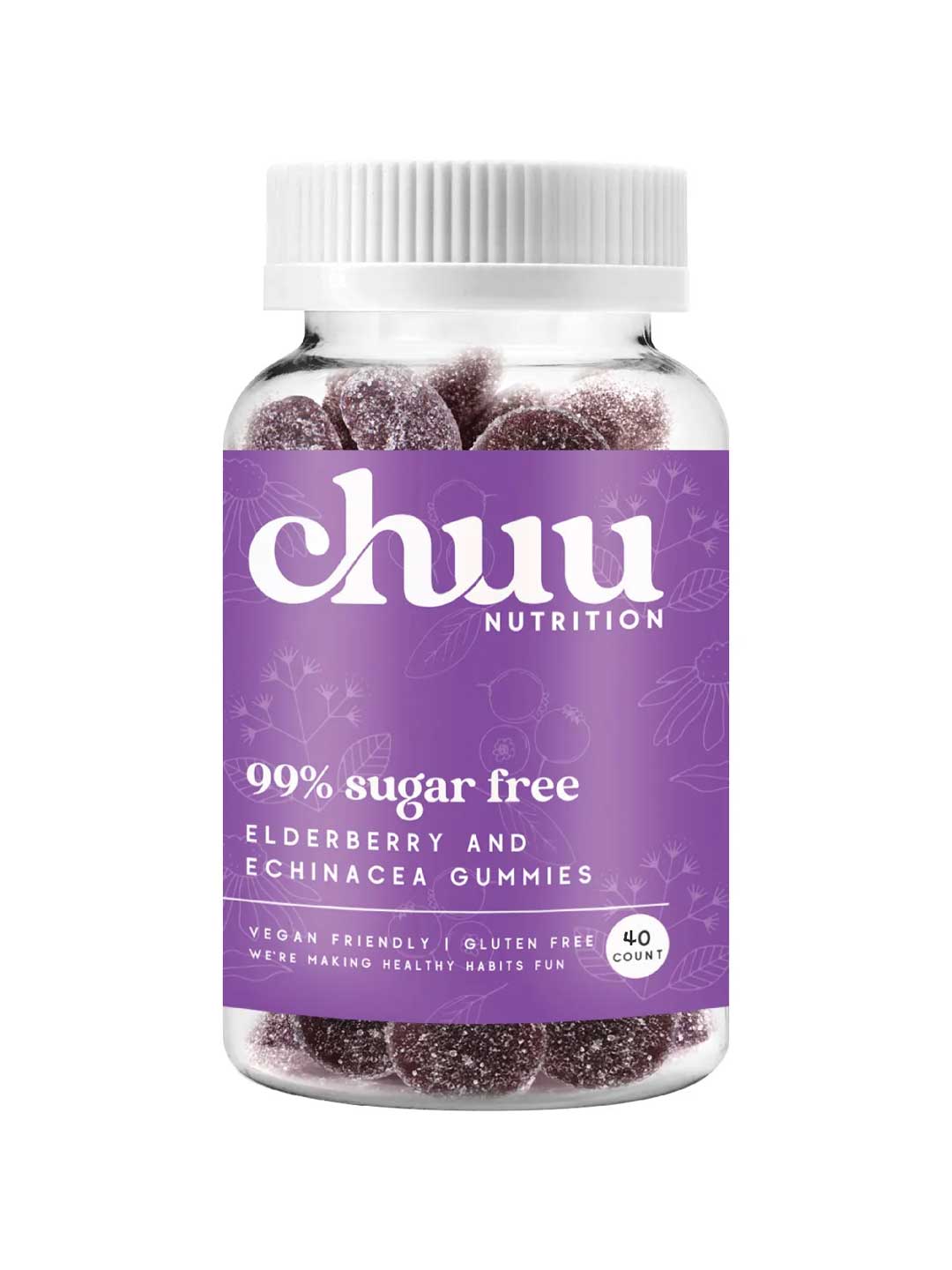 Chuu Nutrition Elderberry & Echinacea Gummies 40pcs come in a clear bottle with a purple label, are 99% sugar free, vegan friendly, gluten free, and provide immunity support from elderberry and echinacea in a low sugar formula.