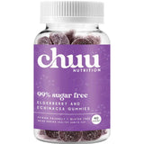 Chuu Nutrition Elderberry & Echinacea Gummies 40pcs come in a clear bottle with a purple label, are 99% sugar free, vegan friendly, gluten free, and provide immunity support from elderberry and echinacea in a low sugar formula.