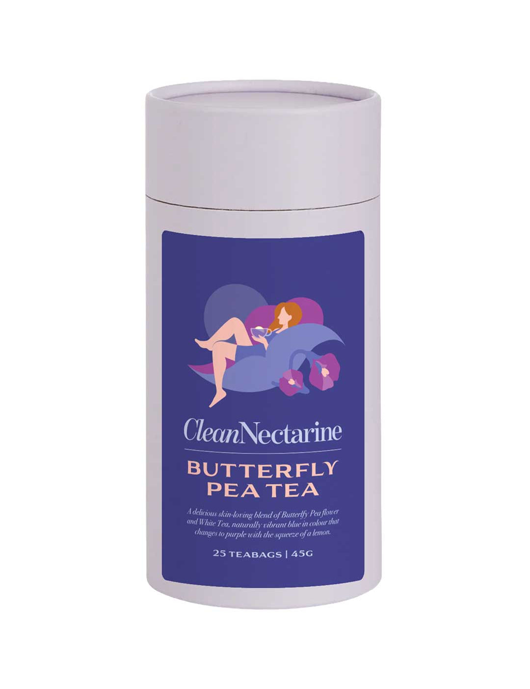 A pale purple cylinder of Clean Nectarine Butterfly Pea Tea with a vibrant purple and blue label featuring an illustrated woman relaxing among butterfly pea flowers. Contains 25 teabags of butterfly pea flower and white tea that naturally change from blue to purple with lemon.