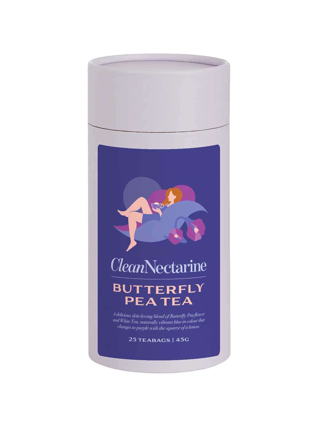 A pale purple cylinder of Clean Nectarine Butterfly Pea Tea with a vibrant purple and blue label featuring an illustrated woman relaxing among butterfly pea flowers. Contains 25 teabags of butterfly pea flower and white tea that naturally change from blue to purple with lemon.