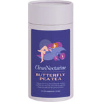 A pale purple cylinder of Clean Nectarine Butterfly Pea Tea with a vibrant purple and blue label featuring an illustrated woman relaxing among butterfly pea flowers. Contains 25 teabags of butterfly pea flower and white tea that naturally change from blue to purple with lemon.