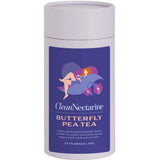 A pale purple cylinder of Clean Nectarine Butterfly Pea Tea with a vibrant purple and blue label featuring an illustrated woman relaxing among butterfly pea flowers. Contains 25 teabags of butterfly pea flower and white tea that naturally change from blue to purple with lemon.